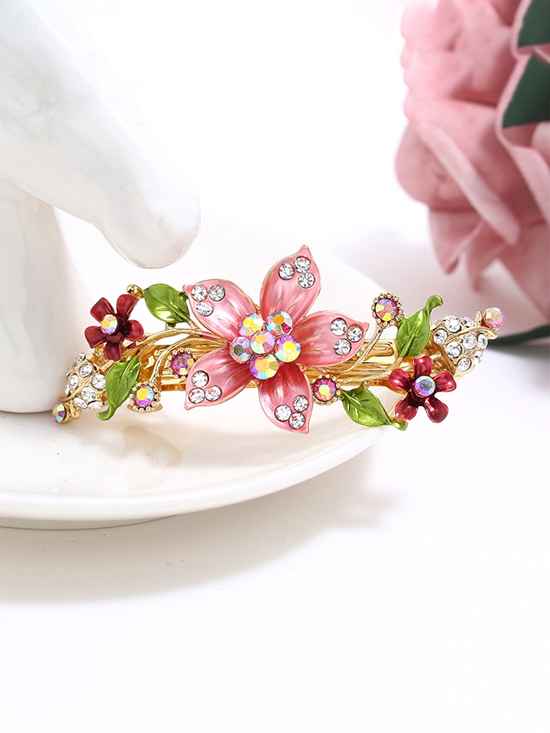 

Yellow Chimes Women Red & Green Embellished French Barrette