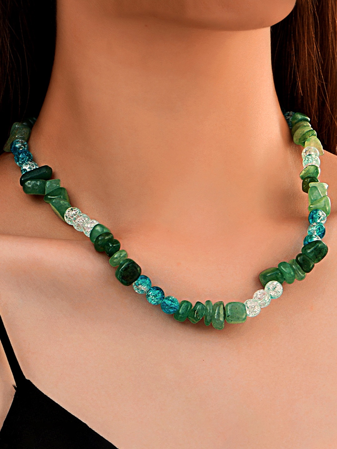 

Yellow Chimes Green & Blue Bohemian Beaded Choker Necklace