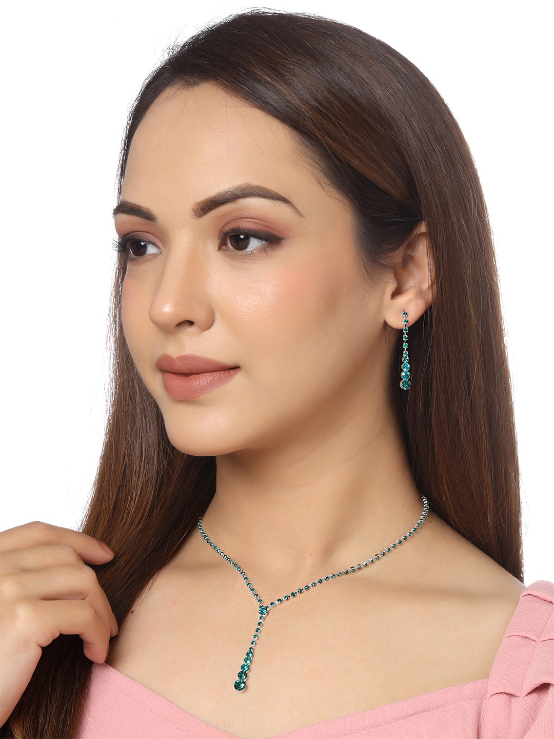 

Yellow Chimes Silver-Tone & Green Crystal Studded Necklace With Dangler Earring