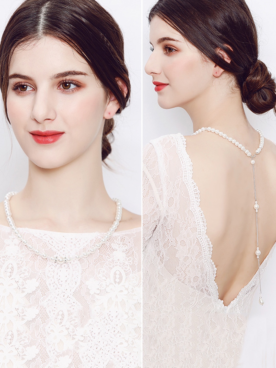 

Yellow Chimes Silver Tone Pearl Embellished Back Chain, White