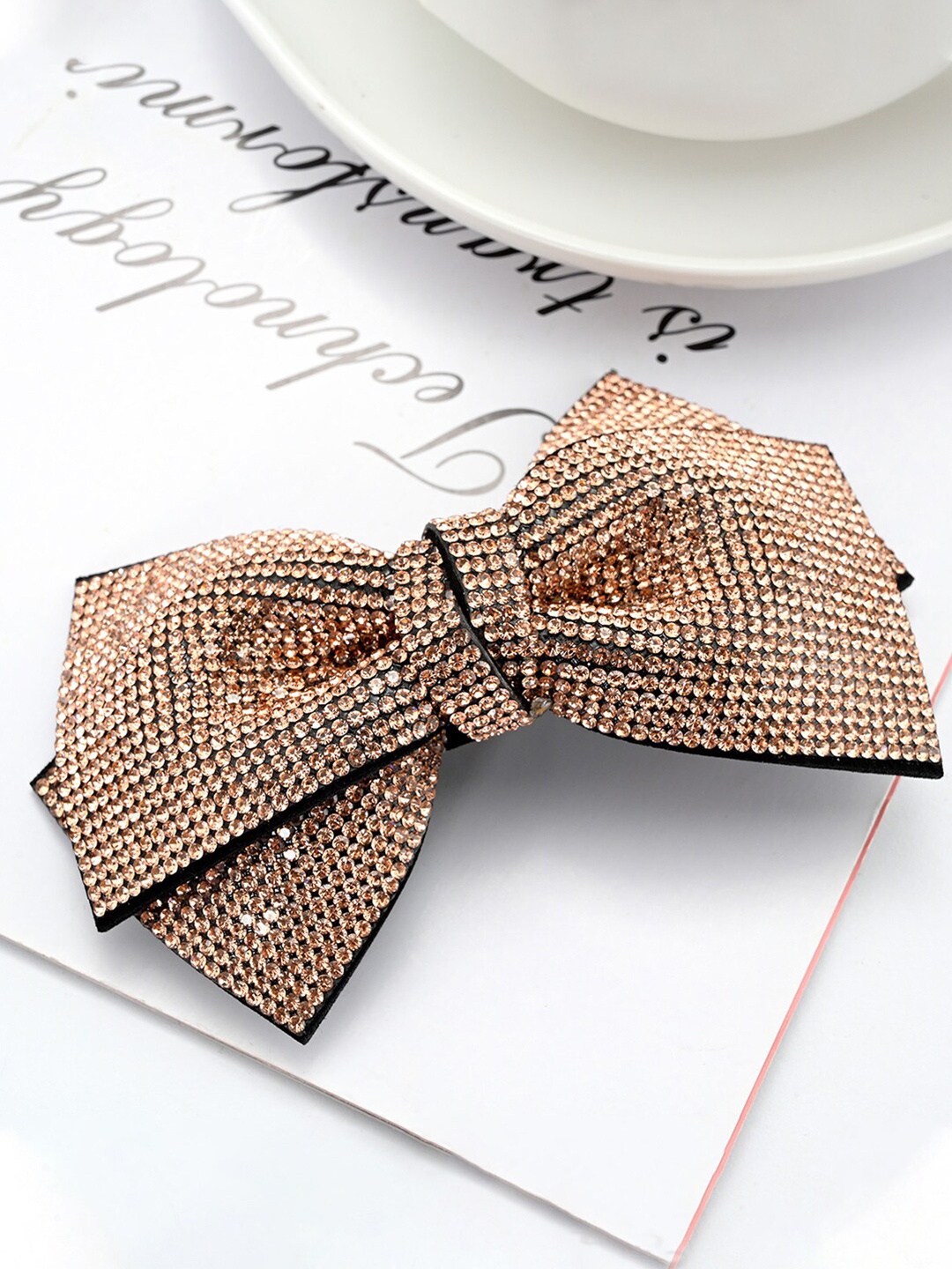 

Yellow Chimes Women Gold Crystal Studded Bow Designed French Baratte