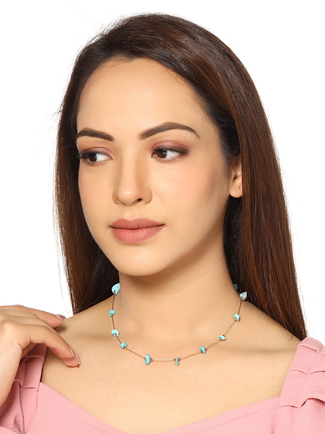 

Yellow Chimes Gold-Toned Blue Stone Beaded Chain Necklace, Turquoise blue
