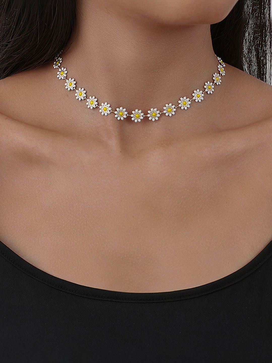 

Yellow Chimes Gold-Toned & White Floral Pearl studded Choker Necklace