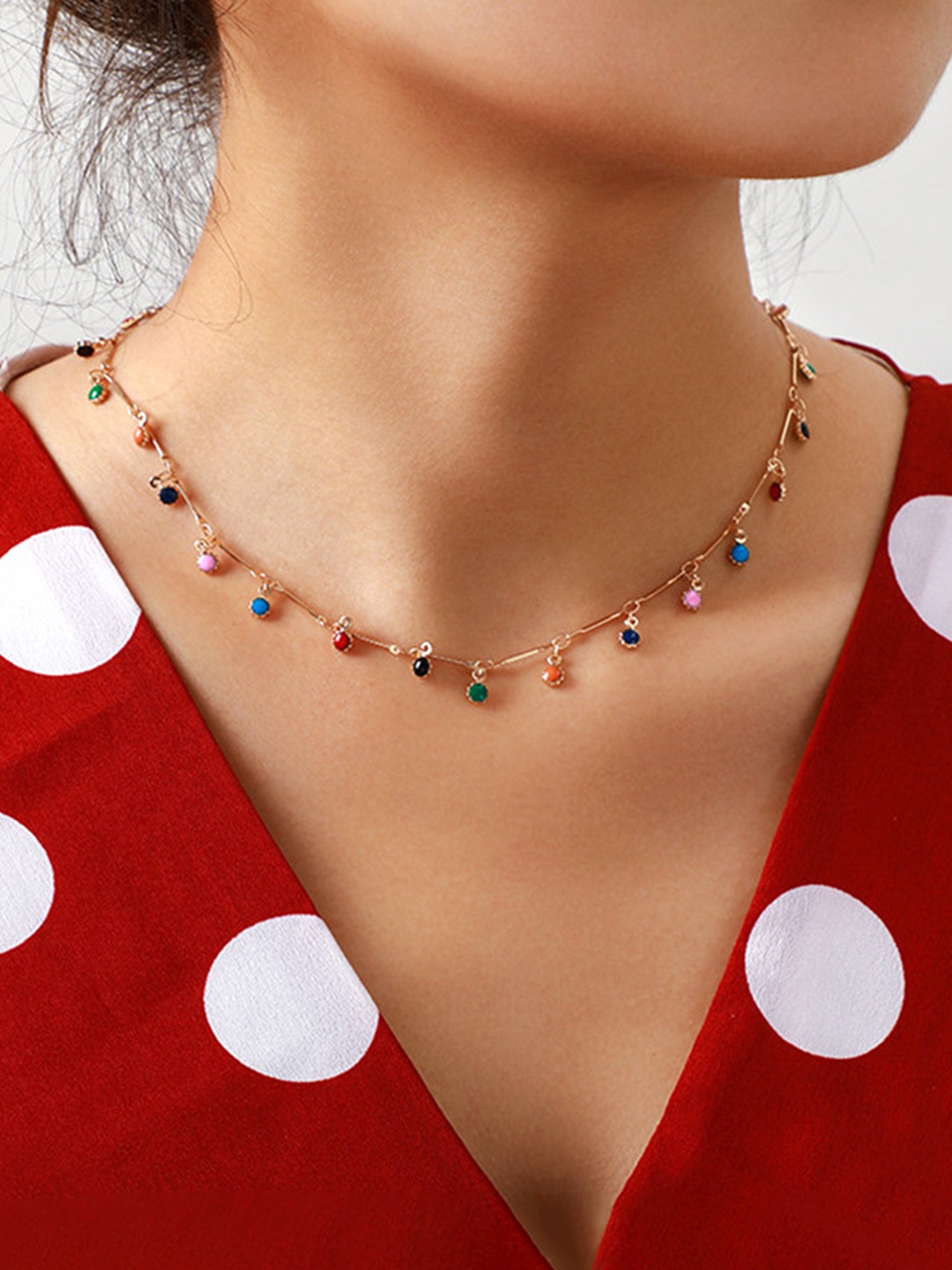 

Yellow Chimes Gold-Toned & Blue Stone Studded Necklace