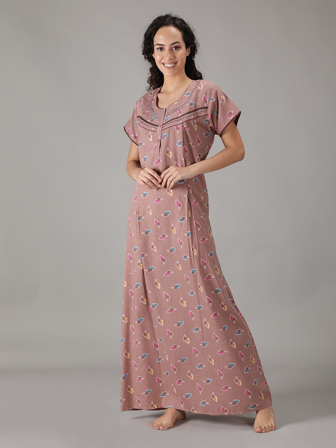 

NIGHTSPREE Brown Printed Maxi Nightdress