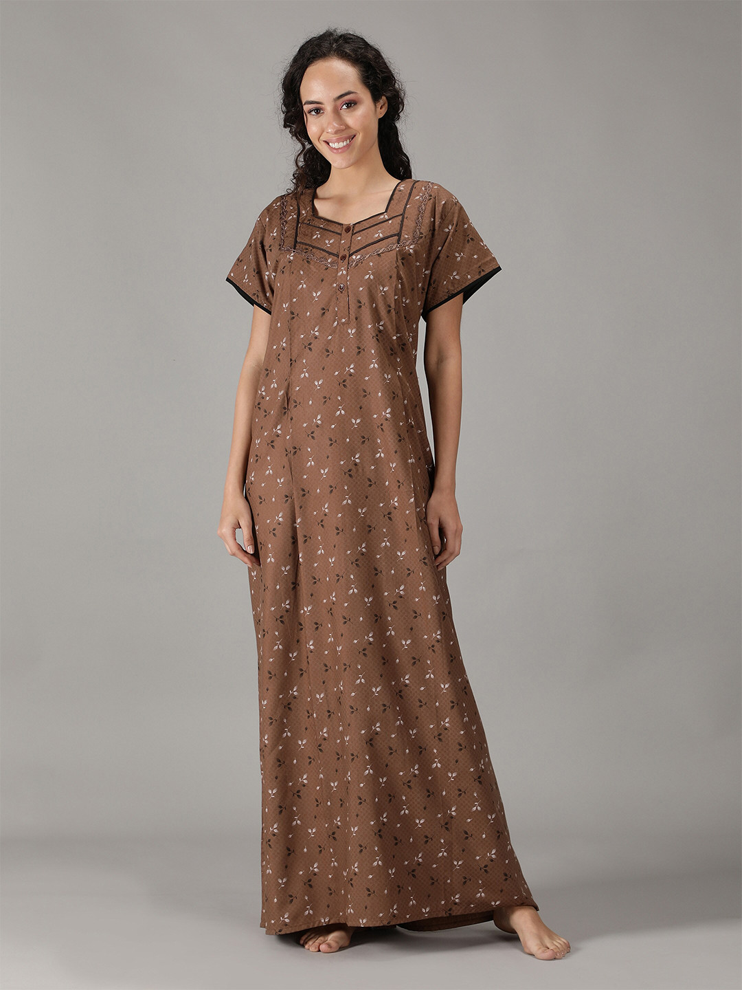 

NIGHTSPREE Brown Printed Cotton Feeding Maxi Nightdress