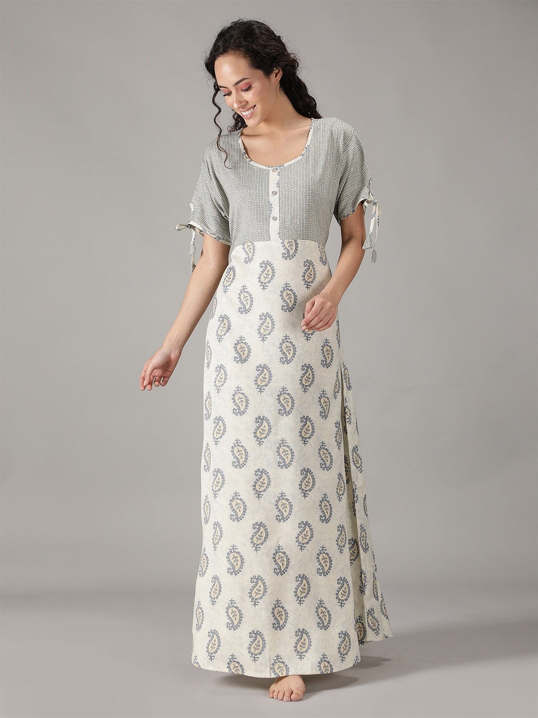 

NIGHTSPREE Women Grey Paisley Motif Printed Maxi Nightdress