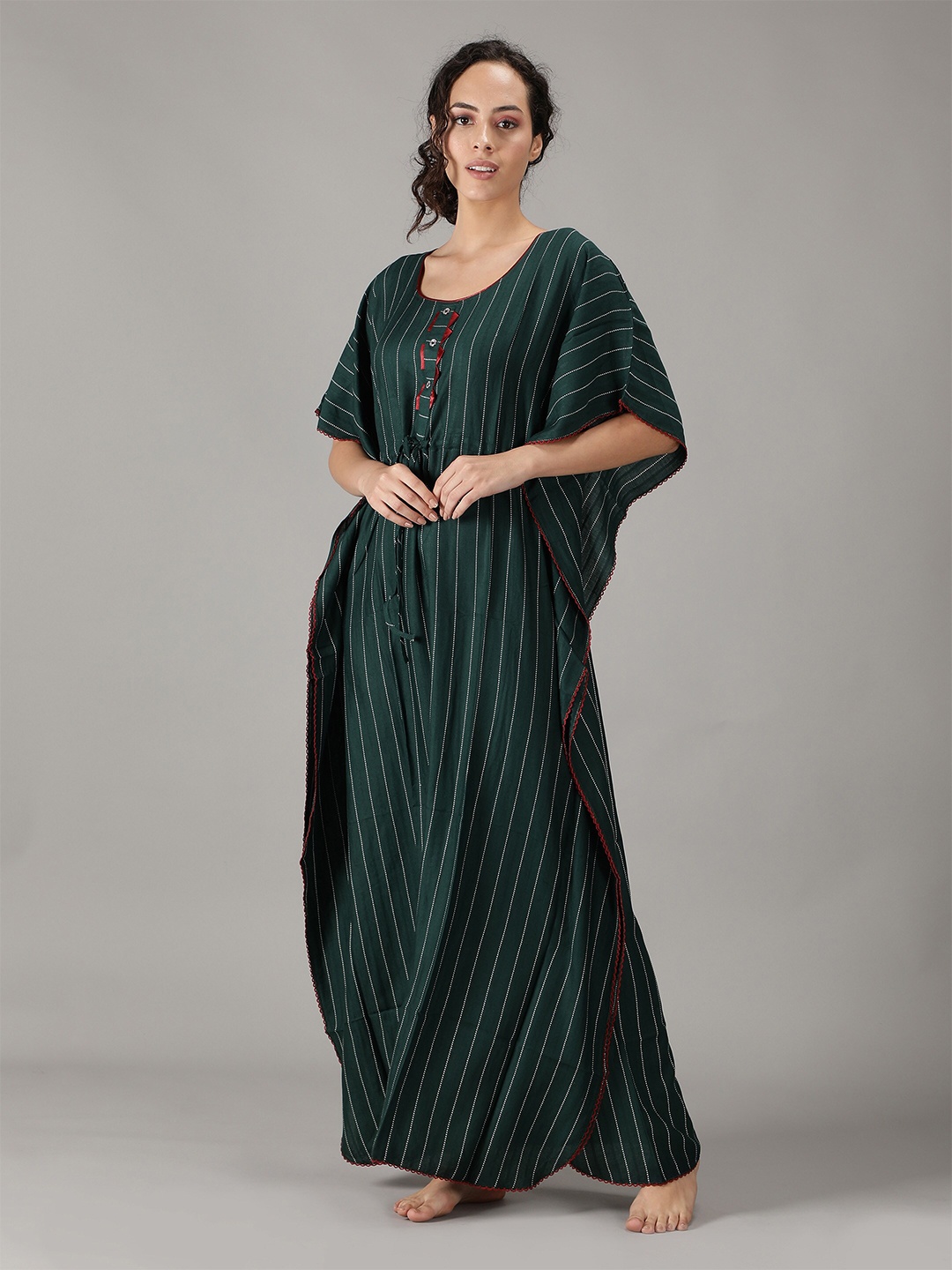 

NIGHTSPREE Women Green Striped Maxi Nightdress