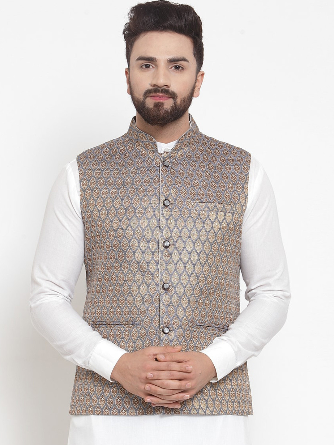 

TREEMODA Men Blue & Gold Toned Printed Woven Nehru Jackets