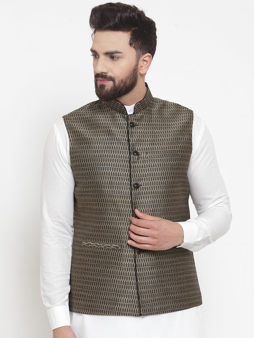 

TREEMODA Men Black & Golden Woven Design Pure Silk Nehru Jackets