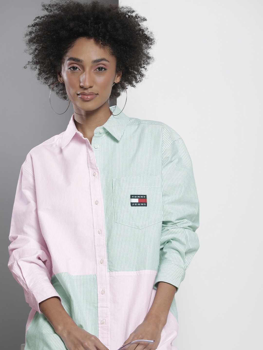 

Tommy Hilfiger Women Pink & Green Striped Pure Cotton Shirt Dress