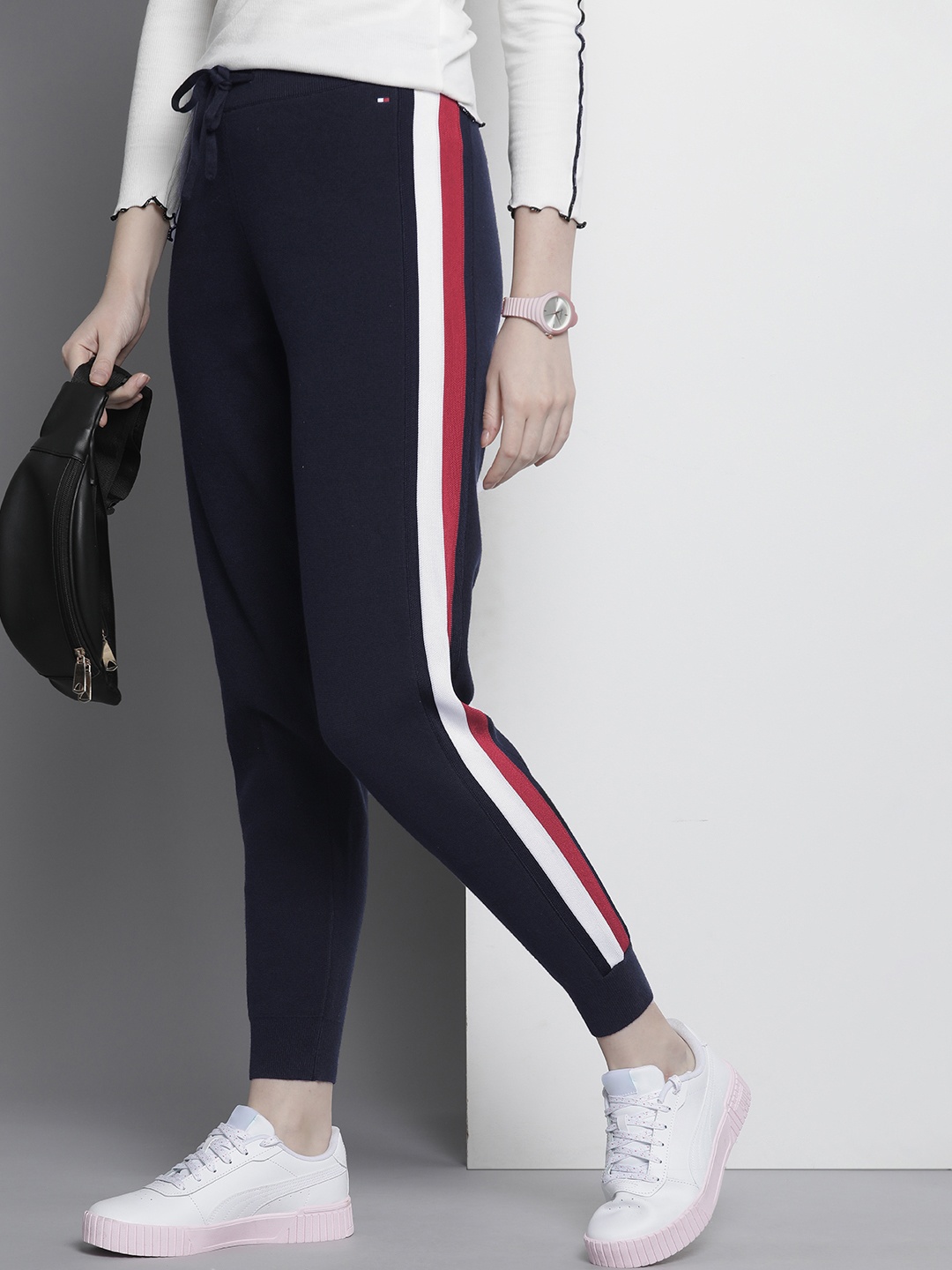 

Tommy Hilfiger Women Solid Mid Rise Joggers With Side Striped Detail, Navy blue