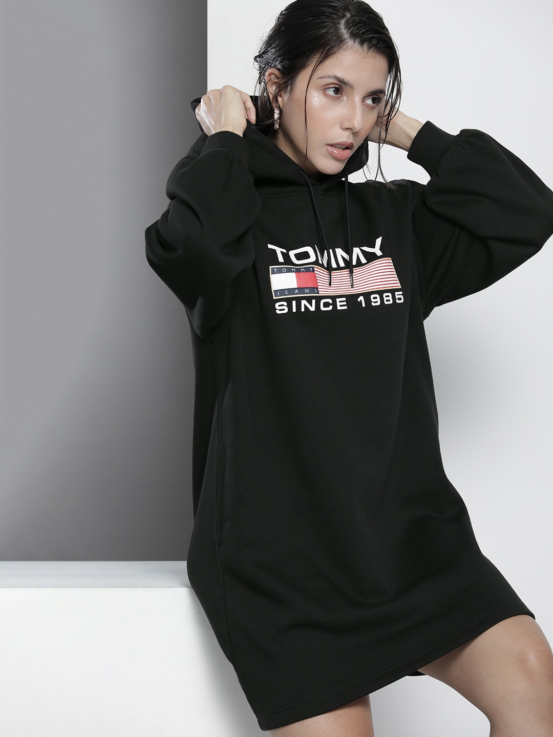 

Tommy Hilfiger Black & White Brand Logo Printed A-Line Dress
