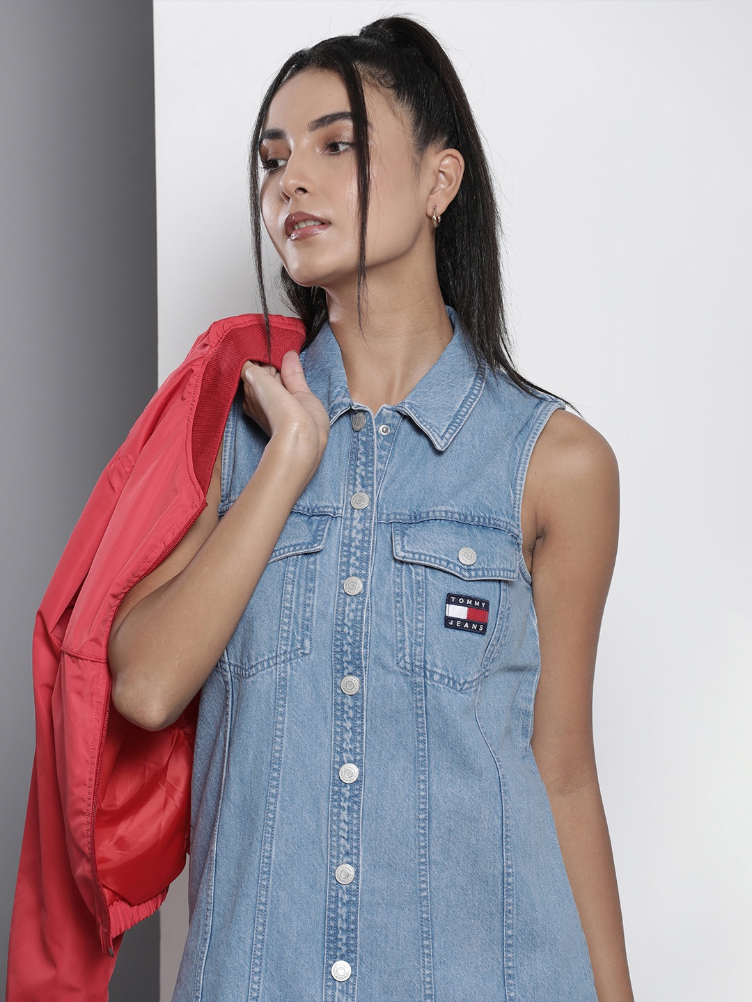 

Tommy Hilfiger Women Blue Brand Logo Applique Denim Pure Cotton Shirt Dress