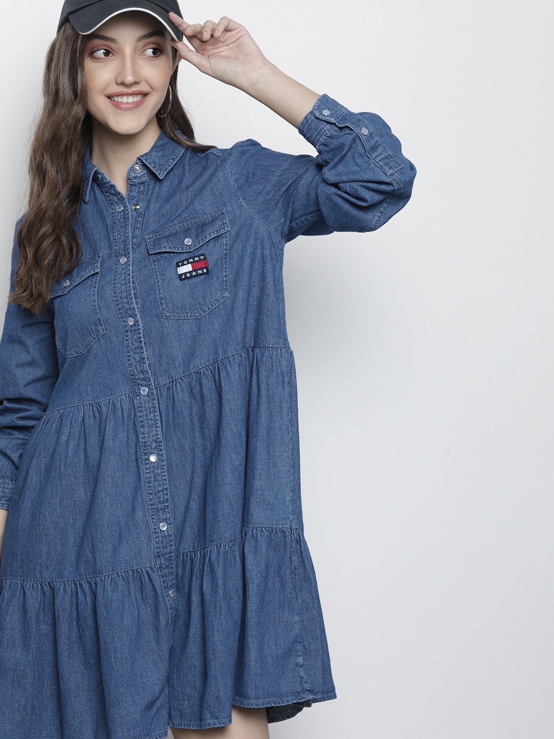 

Tommy Hilfiger Blue Denim Shirt Style Tiered Dress