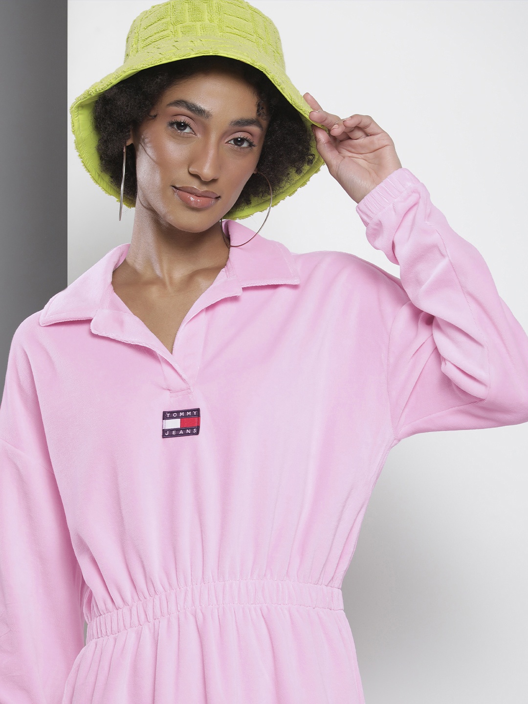 

Tommy Hilfiger Women Pink Brand Logo Printed Applique Velour Fit And Flare Dress