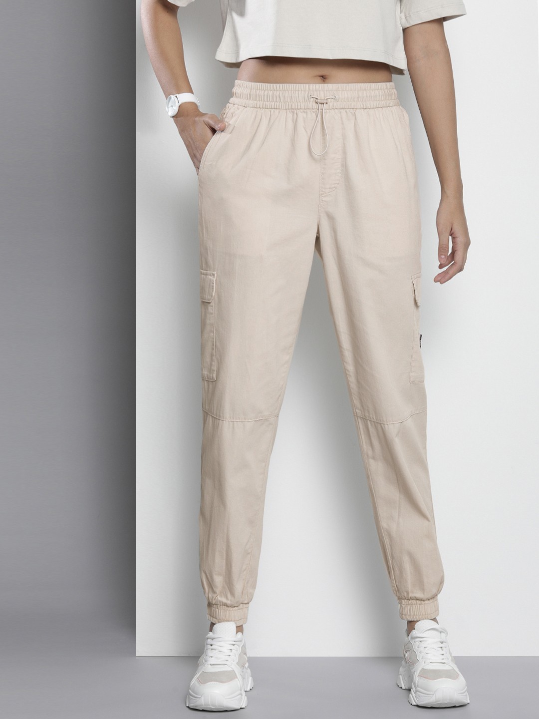 

Tommy Hilfiger Women Beige Solid Mid-Rise Cargo Joggers