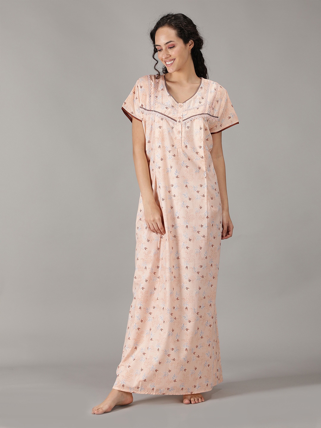 

NIGHTSPREE Peach-Coloured Printed Maxi Nightdress