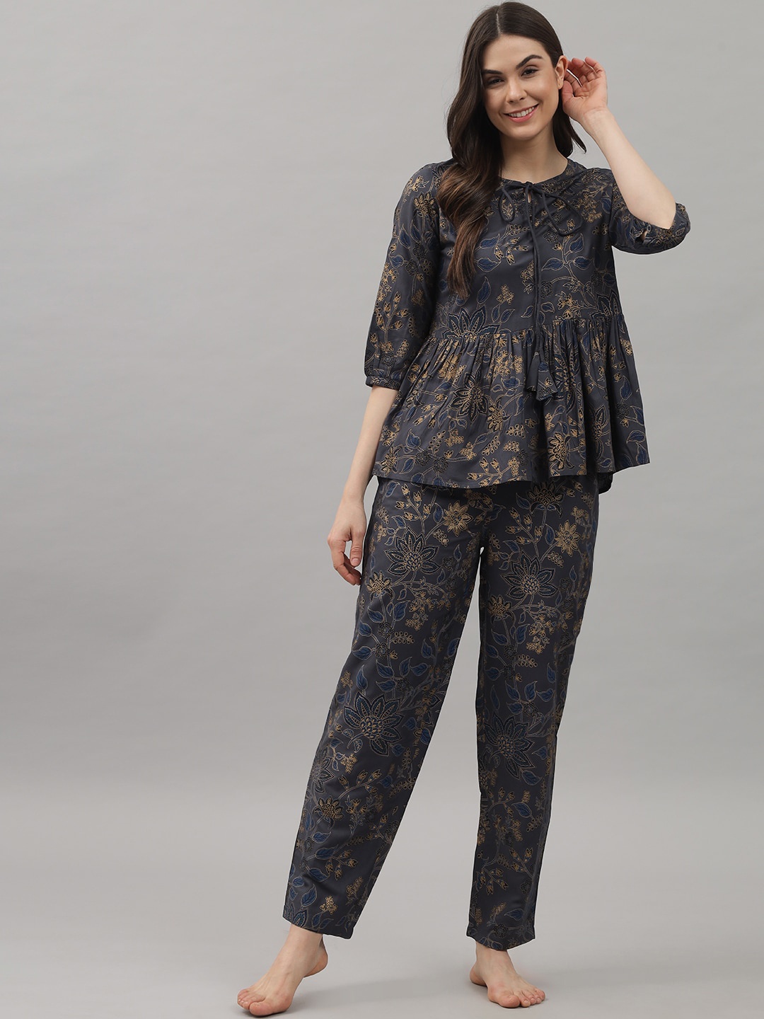 

Shararat Women Grey & Black Printed Top and Pyjama Set