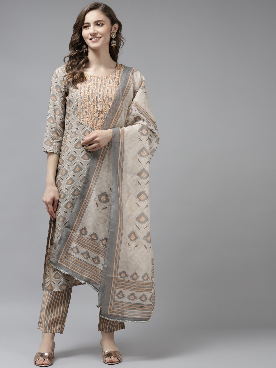 

Yufta Women Beige Ethnic Motifs Printed Embroidered Silk Kurta with Palazzos & Dupatta