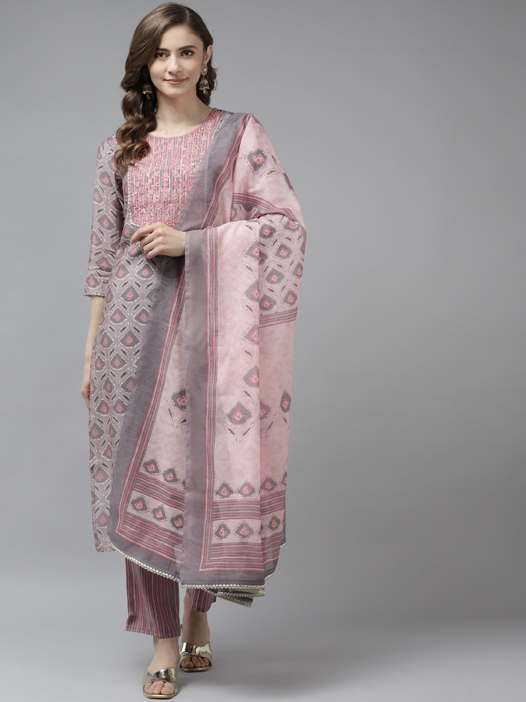 

Yufta Women Purple Ethnic Motifs Printed Embroidered Silk Kurta with Palazzos & Dupatta