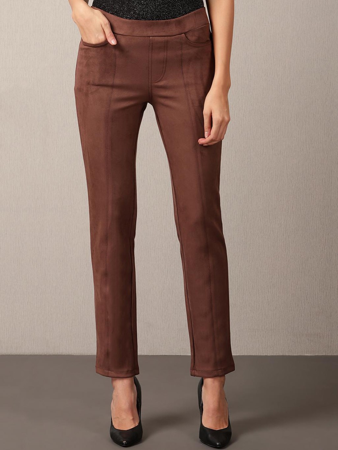 

Lakshita Women Brown Solid Velvet Straight Fit Trousers
