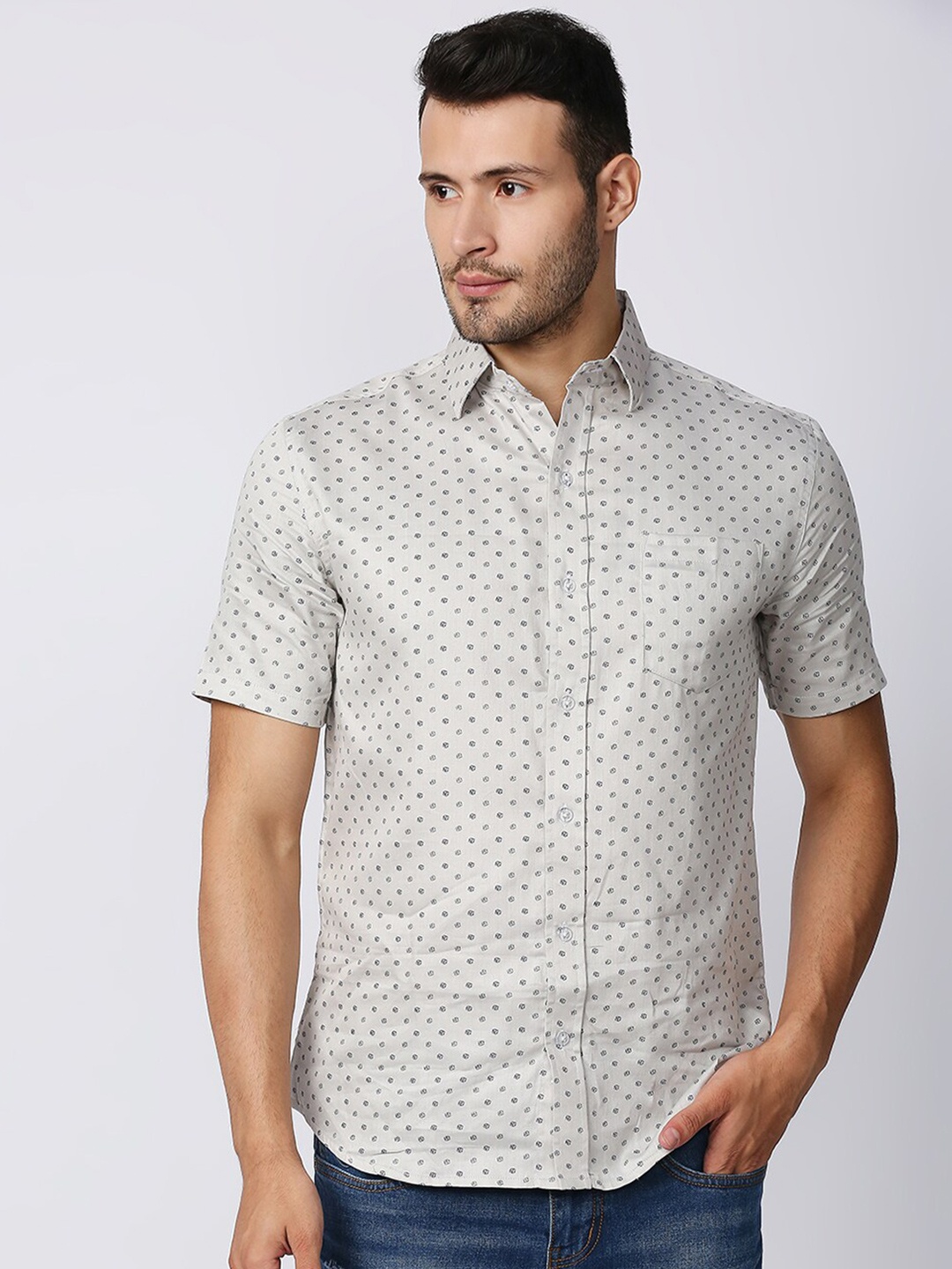 

MOD ECRU Men Grey Printed Cotton Modern Casual Shirt