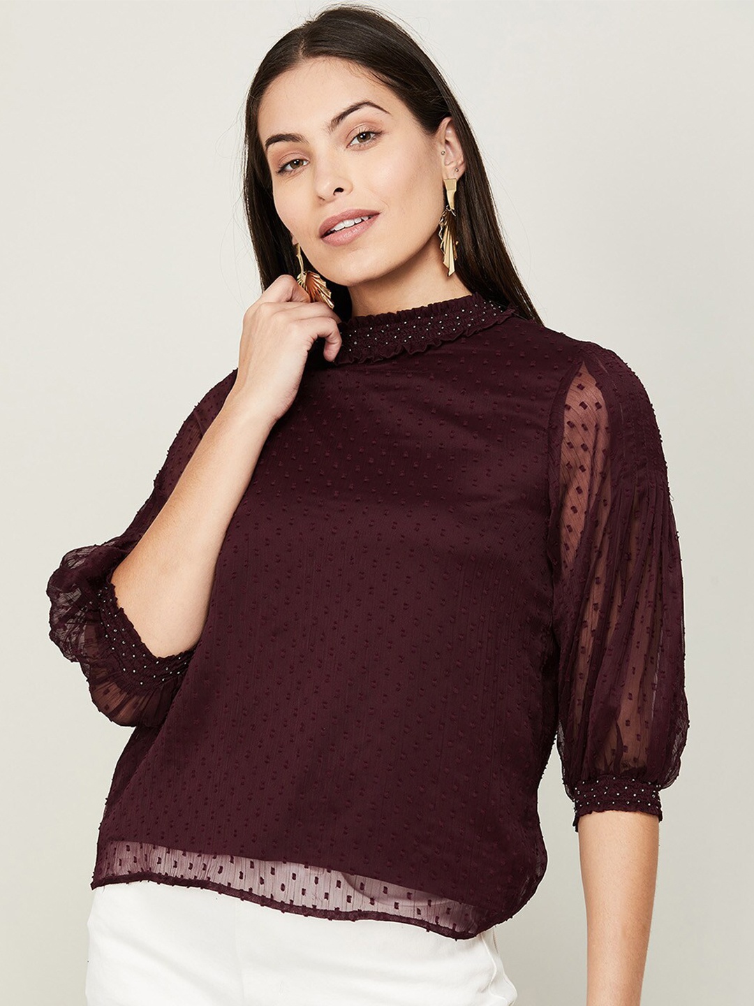 

CODE by Lifestyle Maroon Self Design Puff Sleeves Top