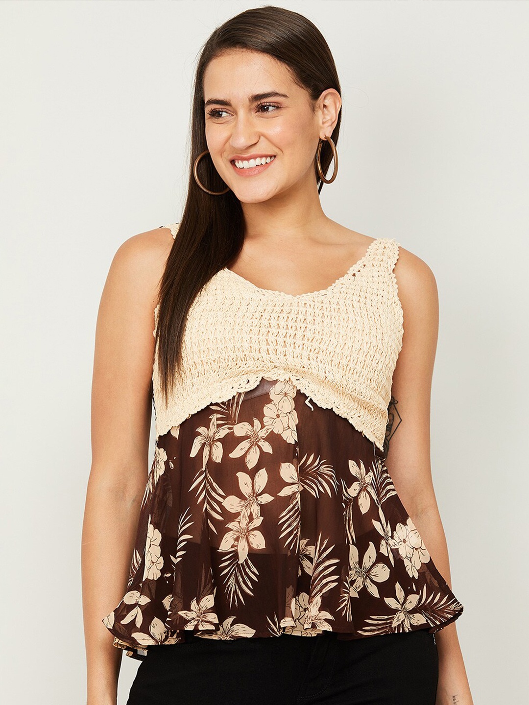 

CODE by Lifestyle Women Brown & Beige Floral Print Pure Cotton Top
