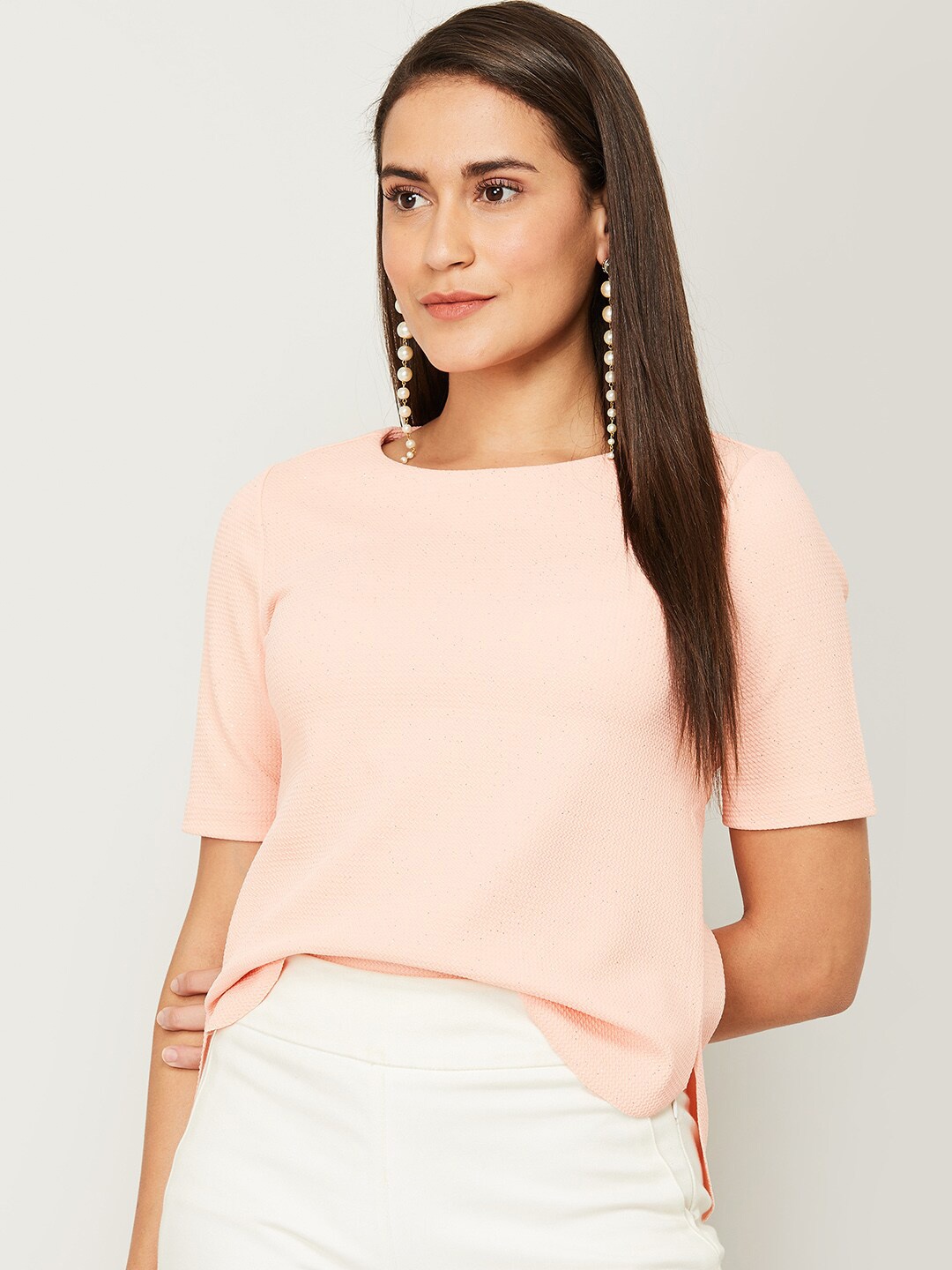 

CODE by Lifestyle Peach-Coloured Solid Regular Top
