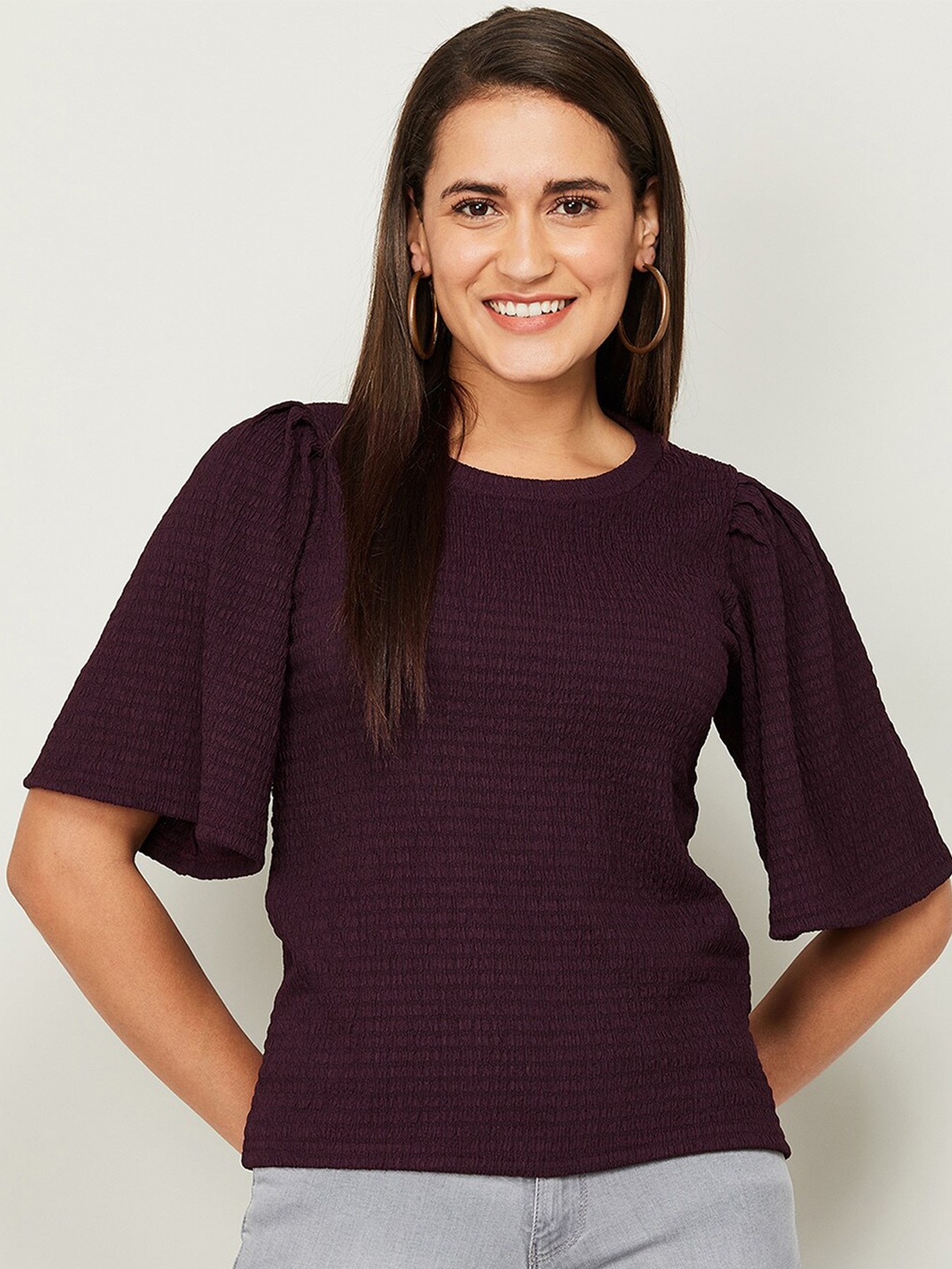 

CODE by Lifestyle Maroon Self Design Flared Sleeves Top