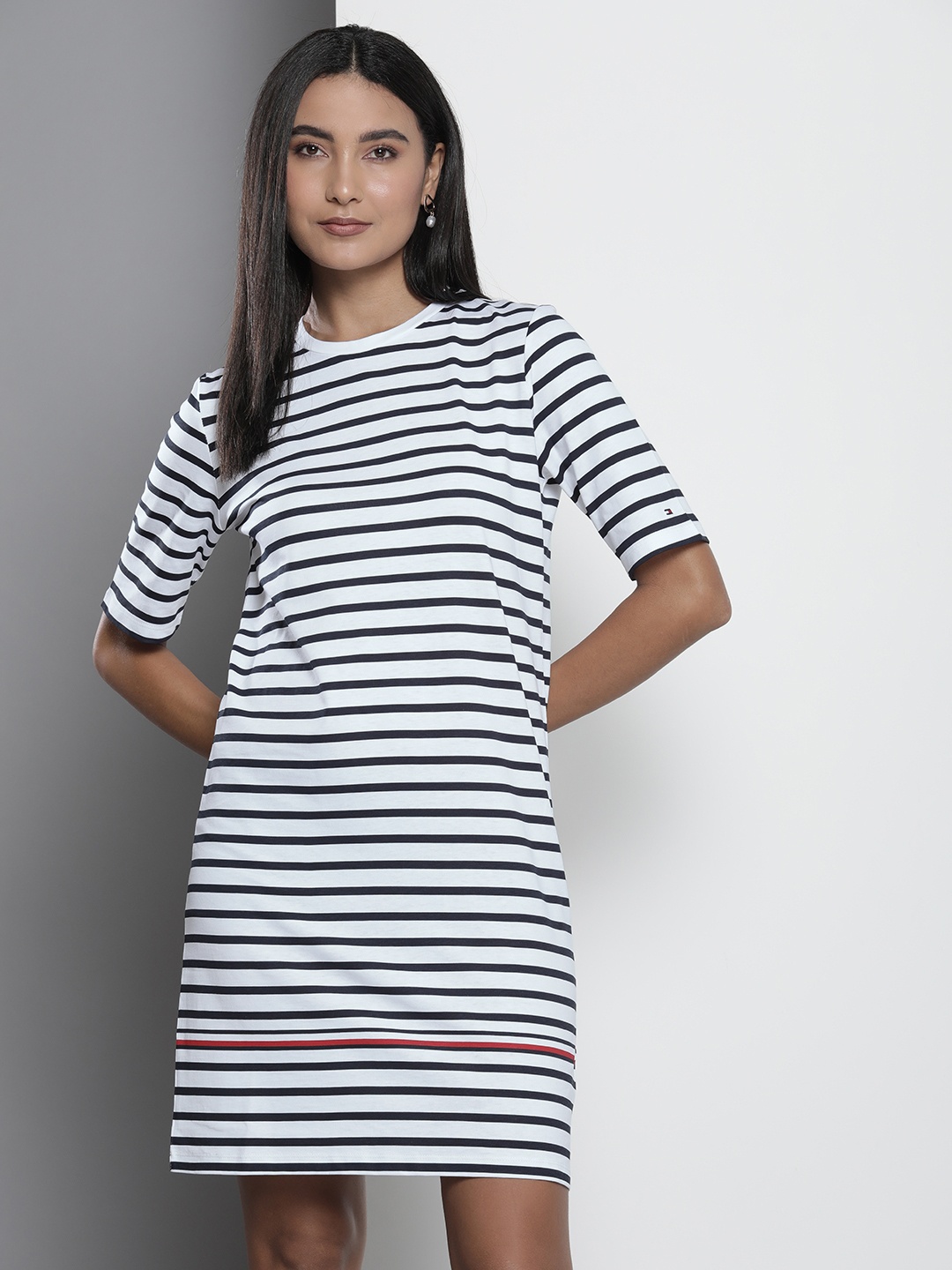 

Tommy Hilfiger Women Navy Blue & White Striped Pure Cotton T-shirt Dress
