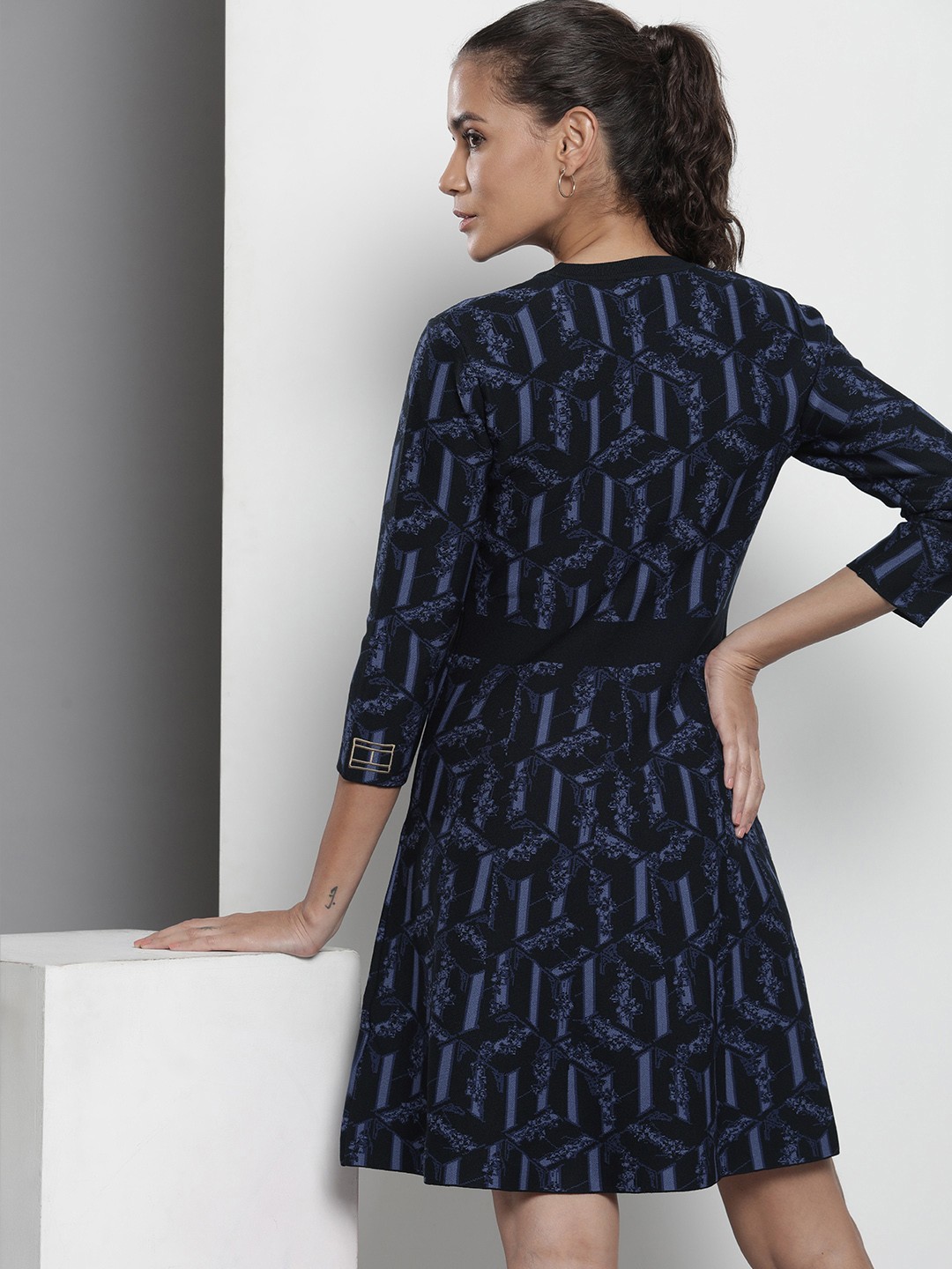 

Tommy Hilfiger Ribbed Abstract Print A-Line Dress, Navy blue