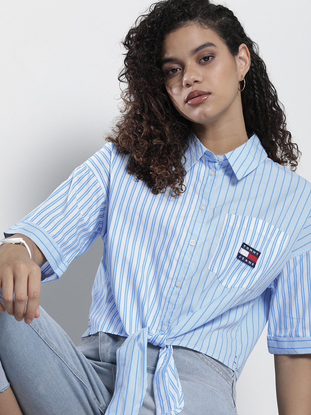 

Tommy Hilfiger Women Light Blue And White Crop Boxy Striped Casual Shirt with Front Knot
