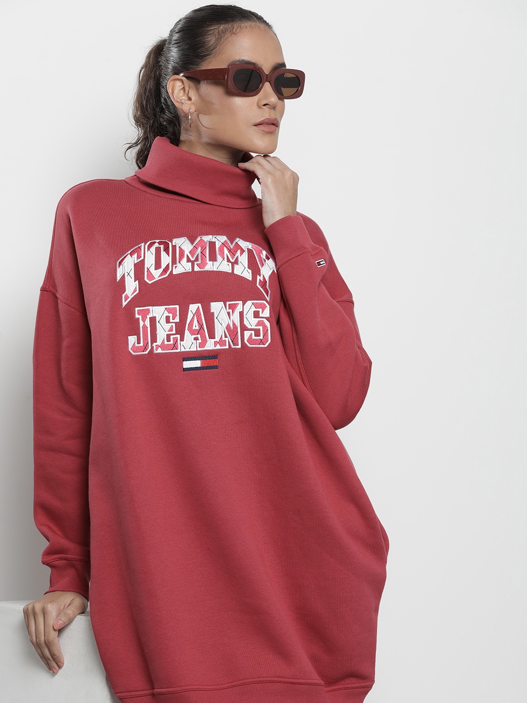 

Tommy Hilfiger High Neck Brand Logo Embroidered T-shirt Dress, Maroon