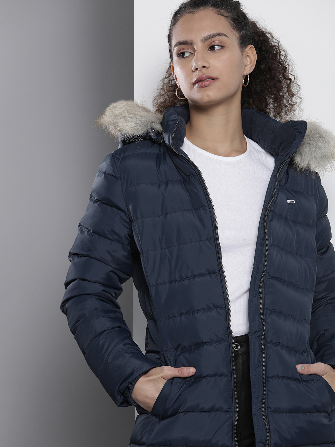 

Tommy Hilfiger Women Blue Longline Puffer Jacket With faux Fur Hood