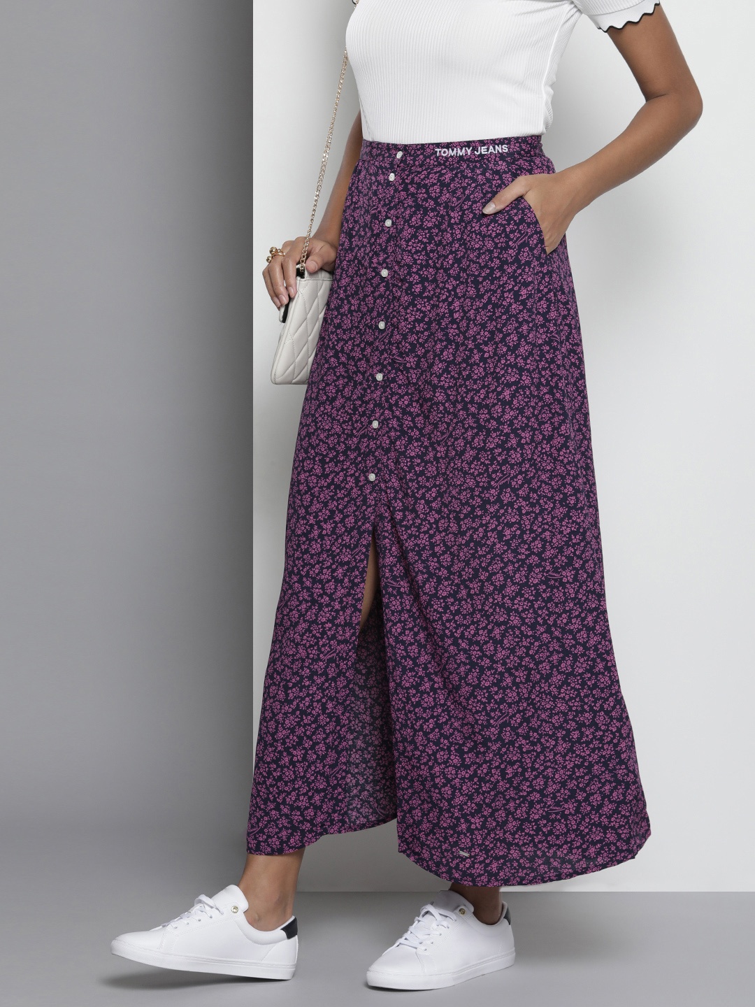 

Tommy Hilfiger Navy Blue Floral Print Flared Maxi Skirt With Front Slit