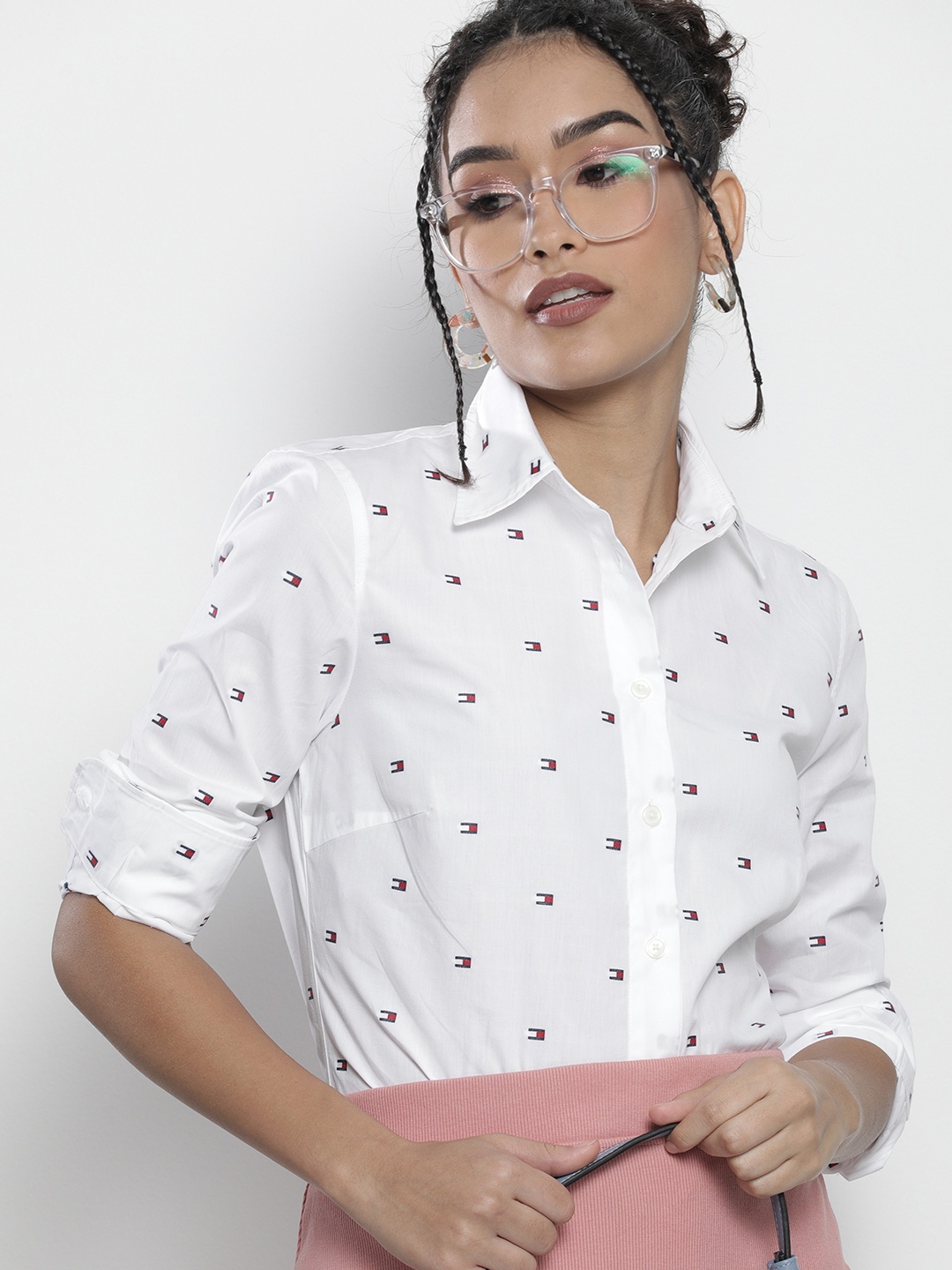 

Tommy Hilfiger Women White Printed Pure Organic Cotton Casual Shirt