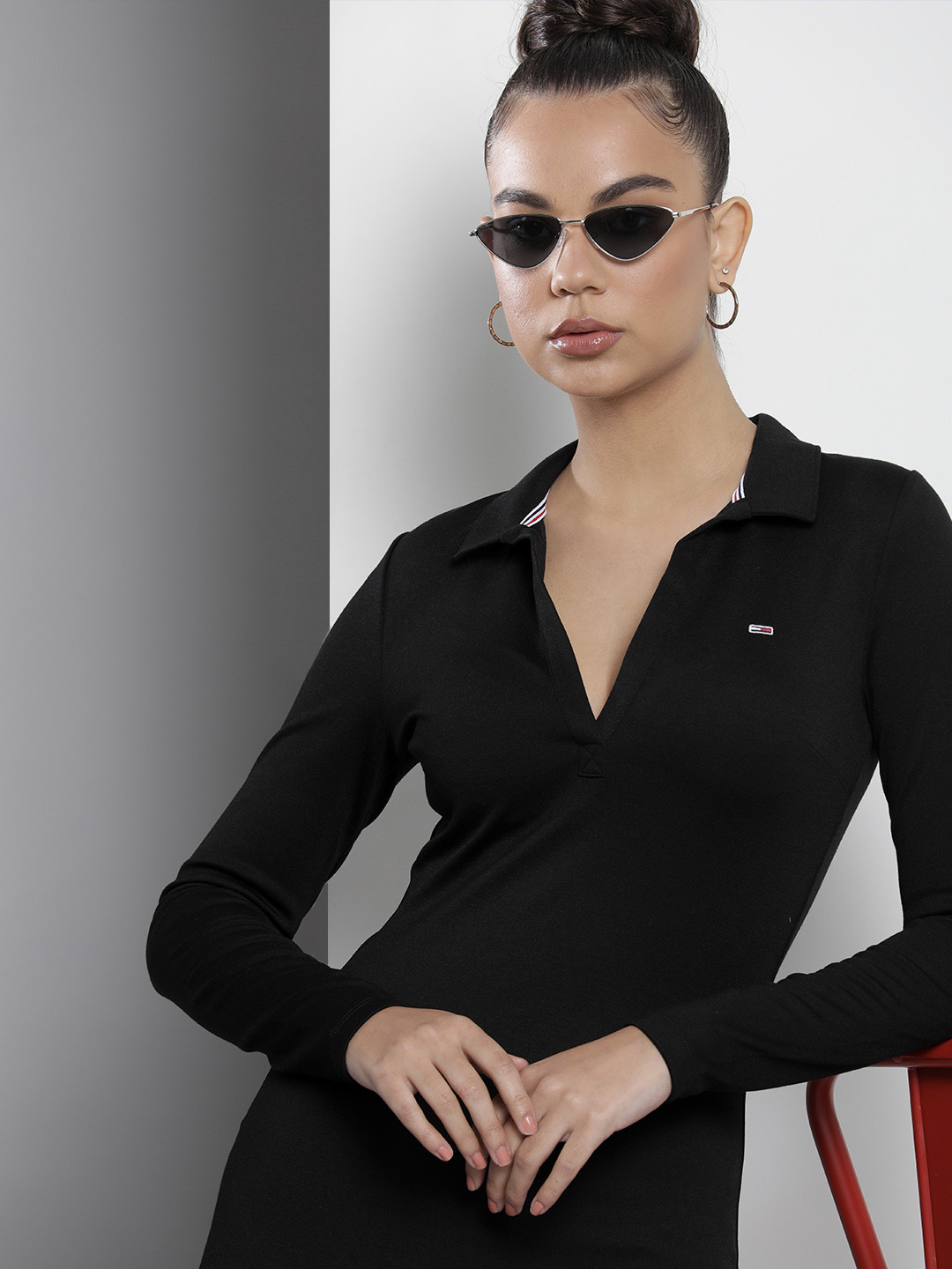 

Tommy Hilfiger Women Black Solid Shirt-Collar Slim Fit T-shirt Dress