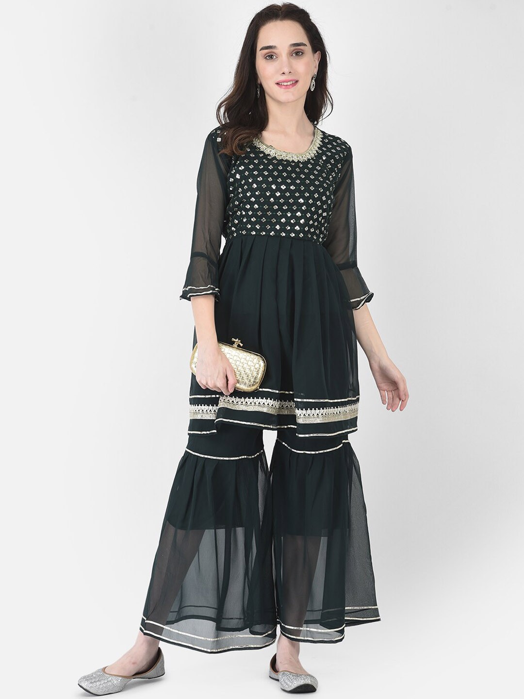 

FNOCKS Women Green Gota Patti Kurti with Sharara Set