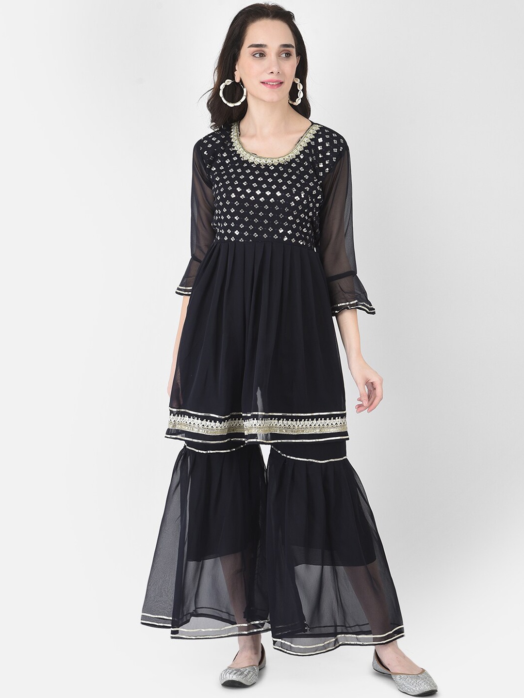 

FNOCKS Women Black Gota Patti Kurti with Sharara Set