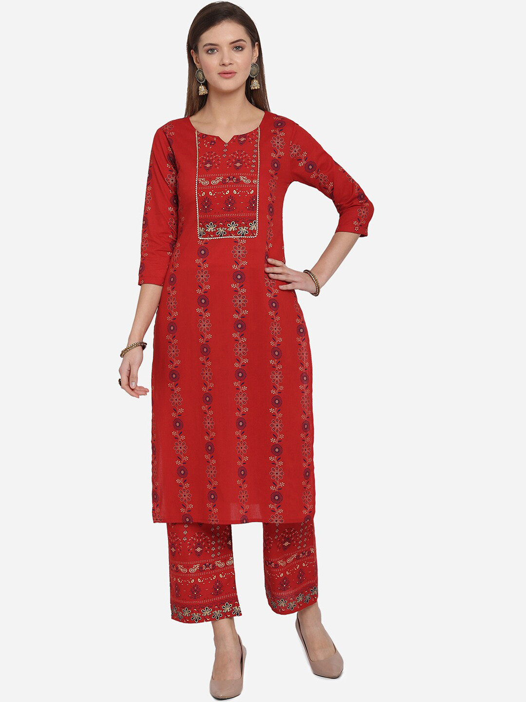 

KALINI Women Red Ethnic Motifs Printed Kurti with Trousers