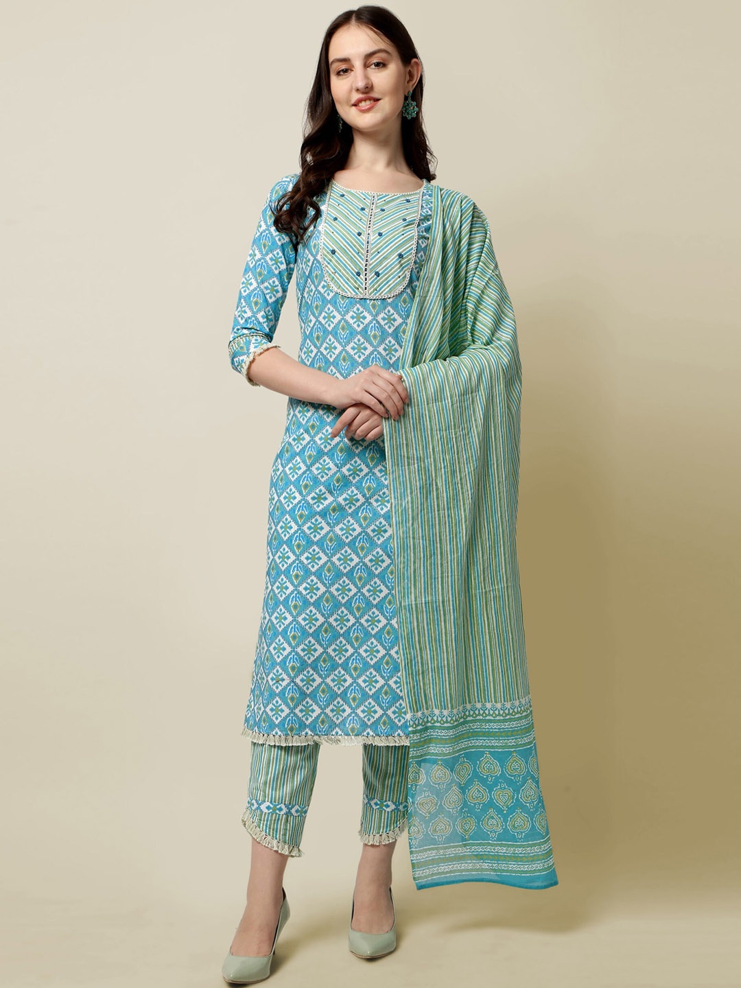 

KALINI Women Plus Size Blue Yoke Design Kurta with Trousers & With Dupatta
