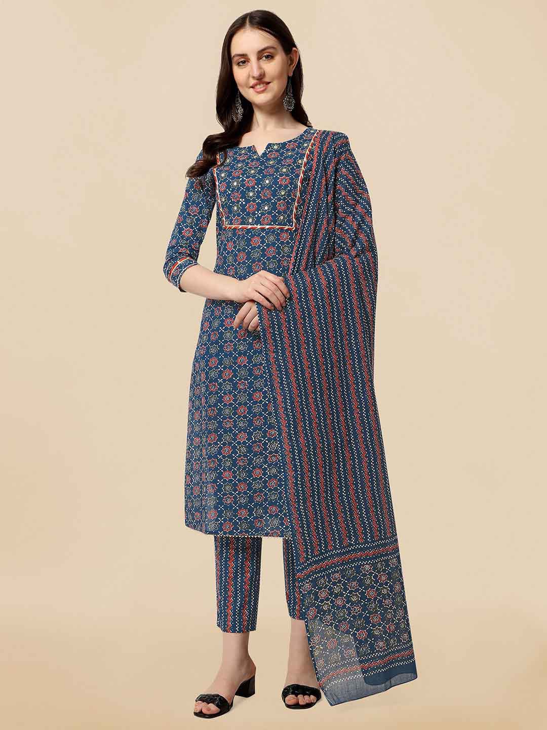 KALINI Women Plus Size Blue Ethnic Motifs Kurta with Trousers & With Dupatta