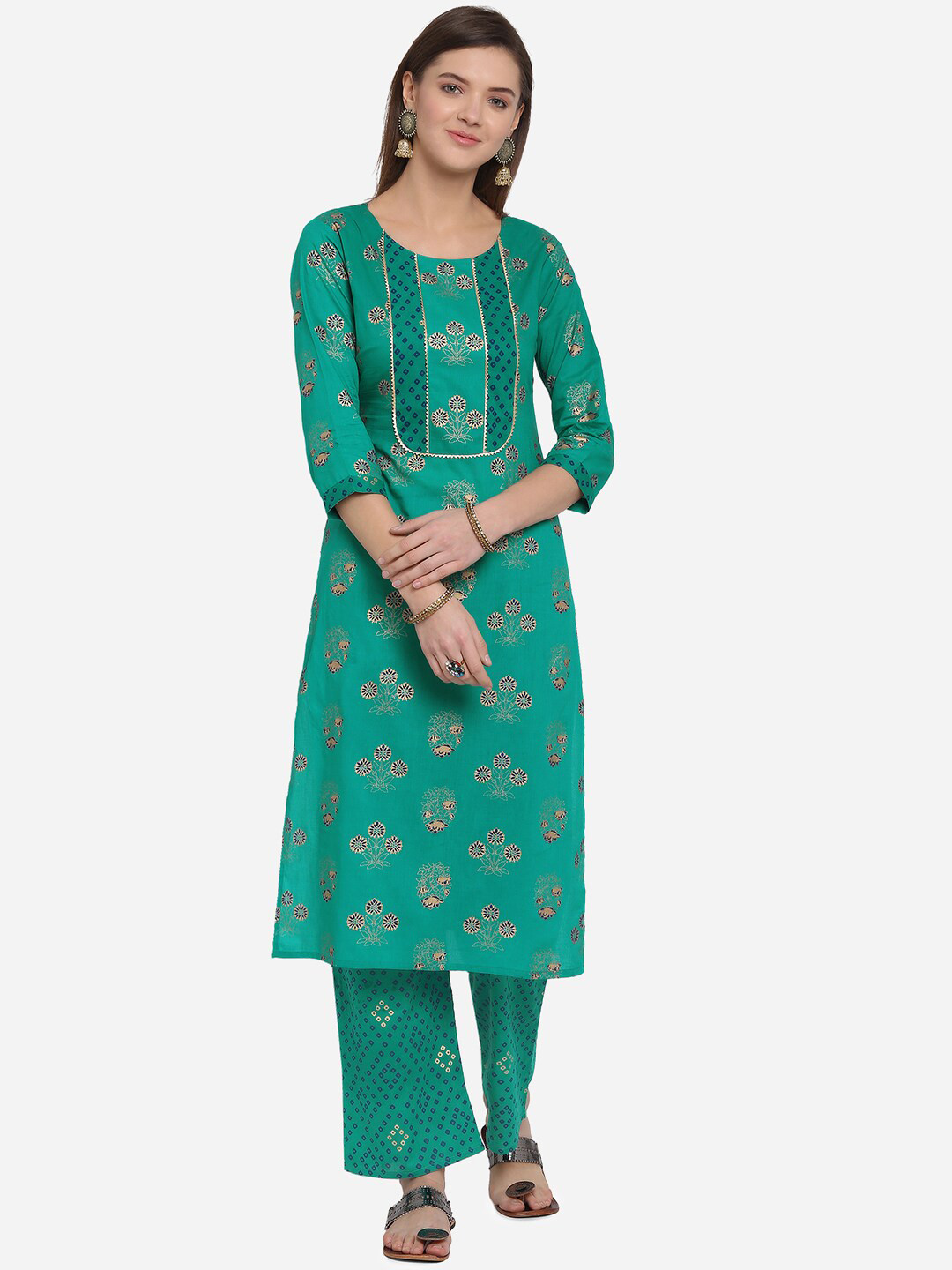

KALINI Women Teal Ethnic Motifs Printed Layered Kurta with Palazzos