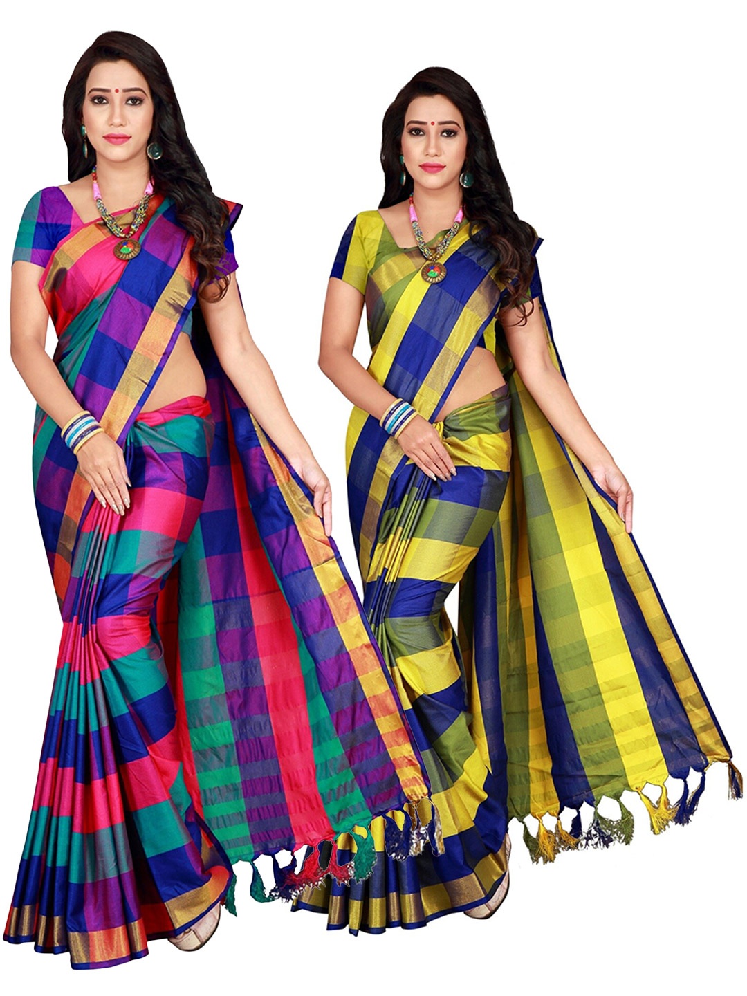 

SHAIBO SAREE Multicoloured Checked Silk Cotton Uppada Saree, Multi