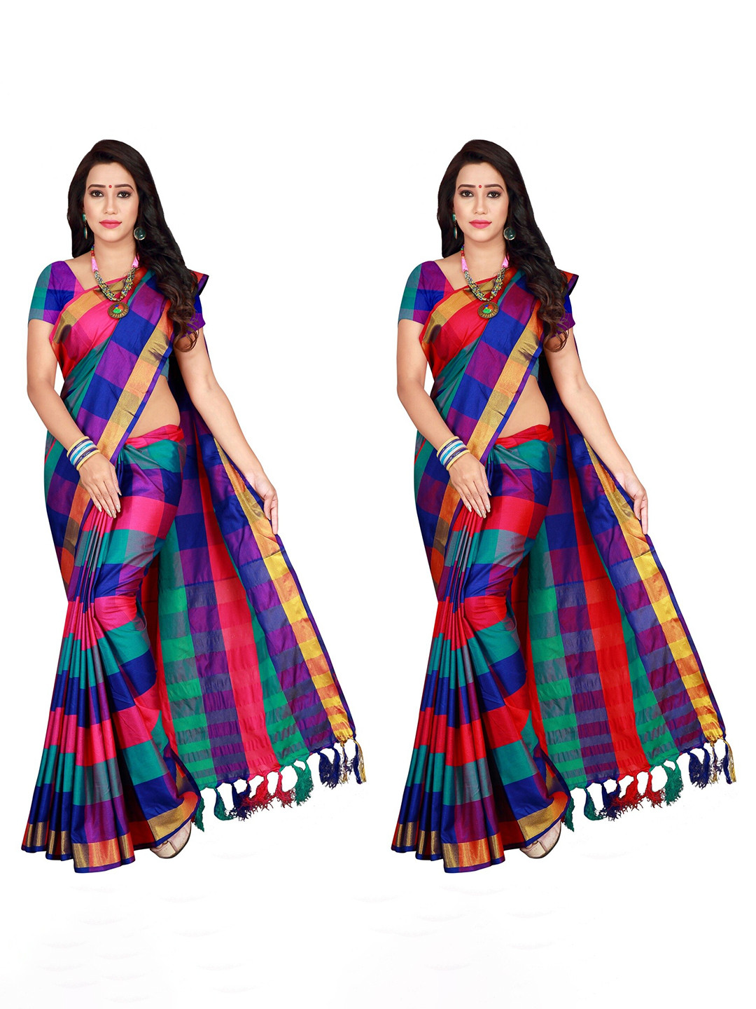 

SHAIBO SAREE Pack of 2 Checked Silk Cotton Saree, Multi