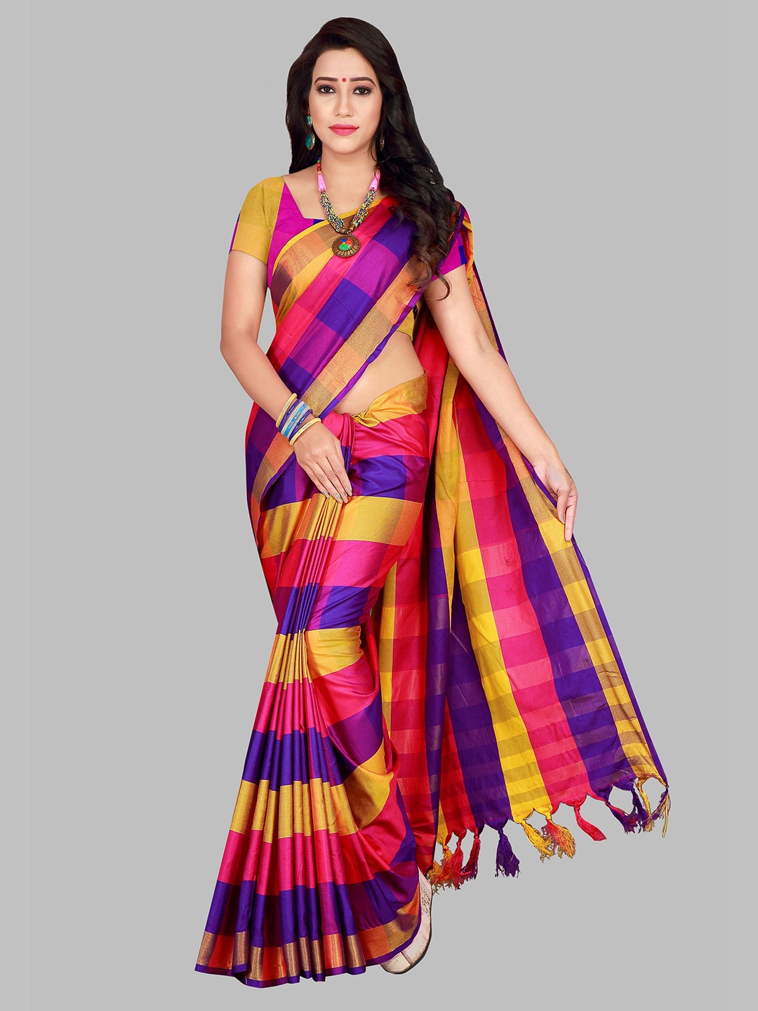 

SHAIBO SAREE Blue & Yellow Checked Silk Cotton Uppada Saree