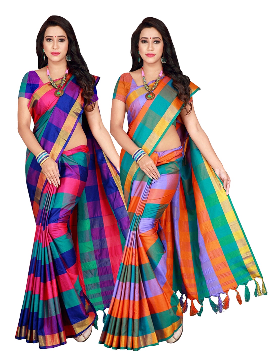 

SHAIBO SAREE Pack of 2 Checked Zari Silk Cotton Uppada Sarees, Multi