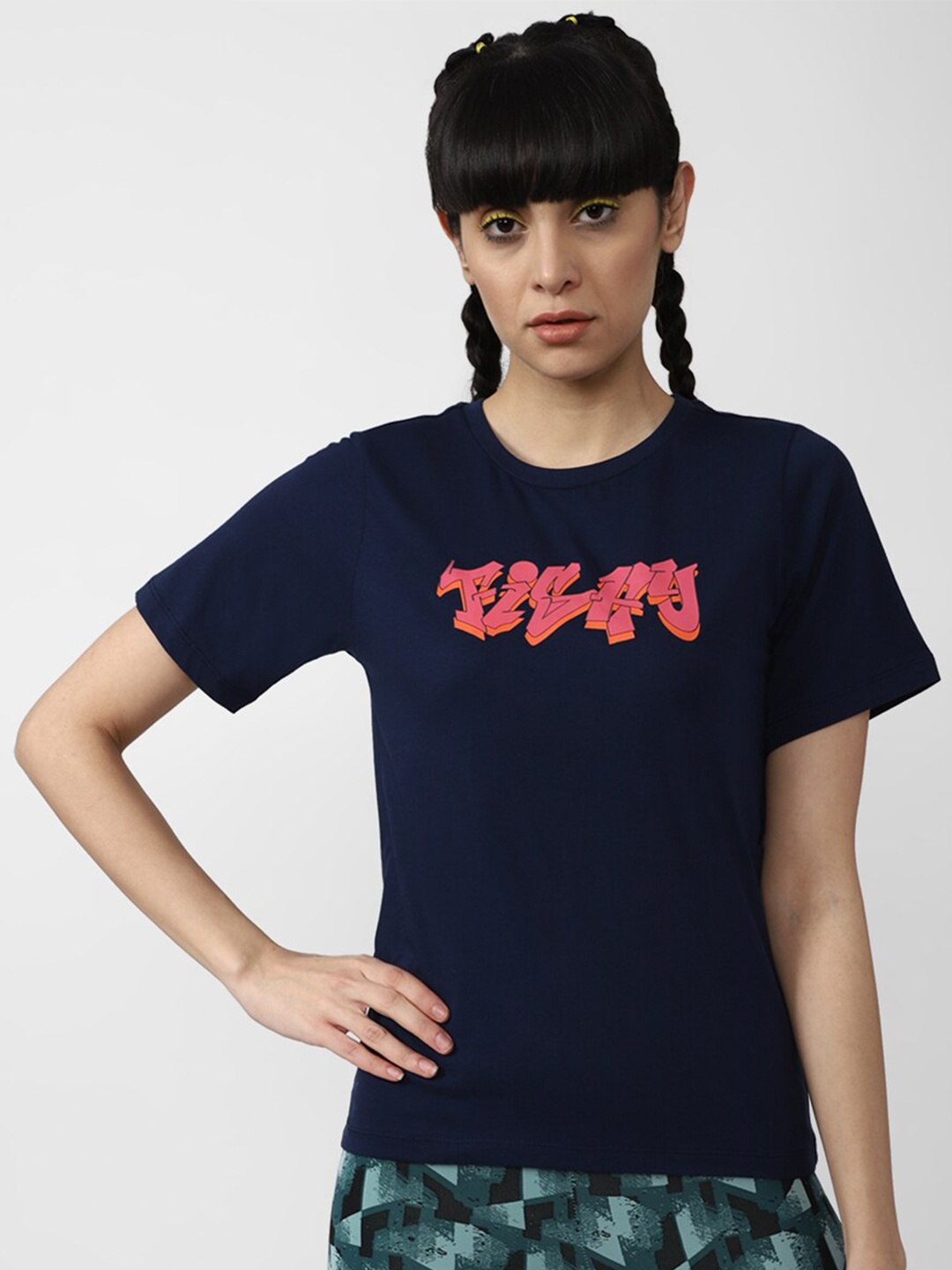

FOREVER 21 Women's Navy Blue & Fuchsia Typography Printed T-shirt